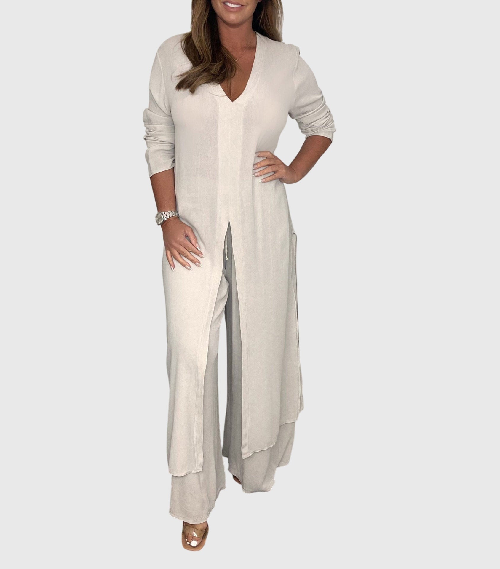 Women's Two-Piece Duster Cardigan Set Wide Leg Pants - Vonnera