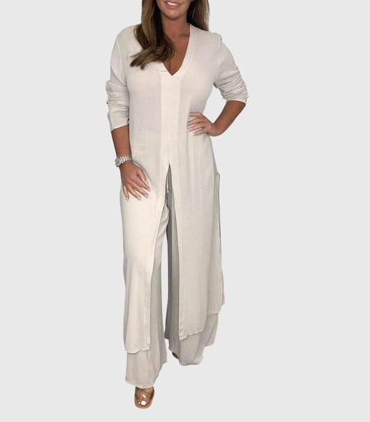 Women's Two-Piece Duster Cardigan Set Wide Leg Pants - Vonnera