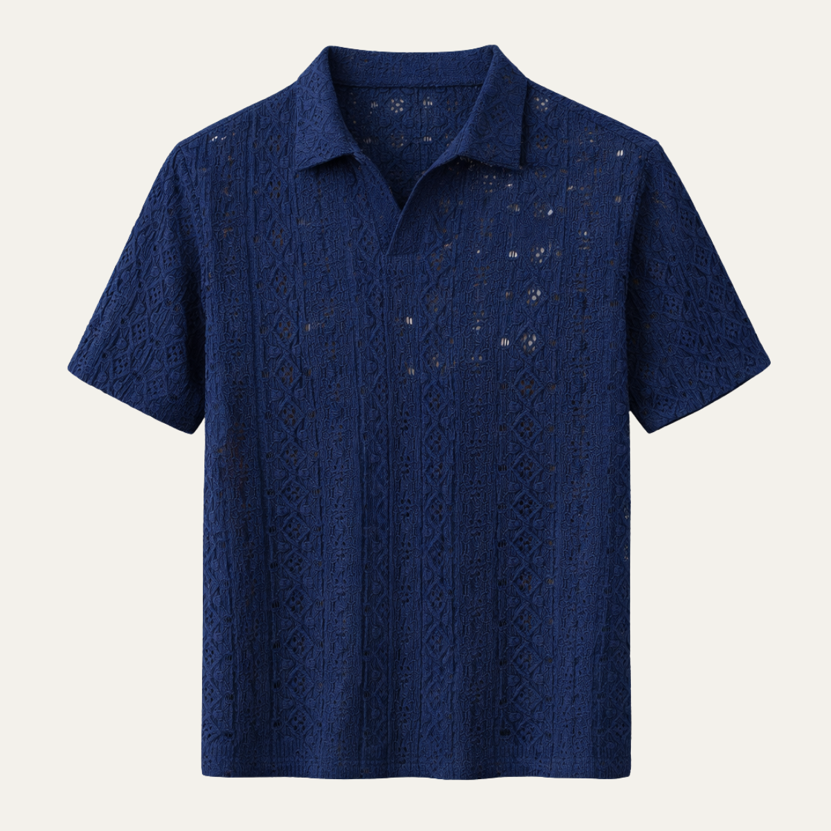Men's Crochet Knit Polo Shirt Navy Blue - Vonnera