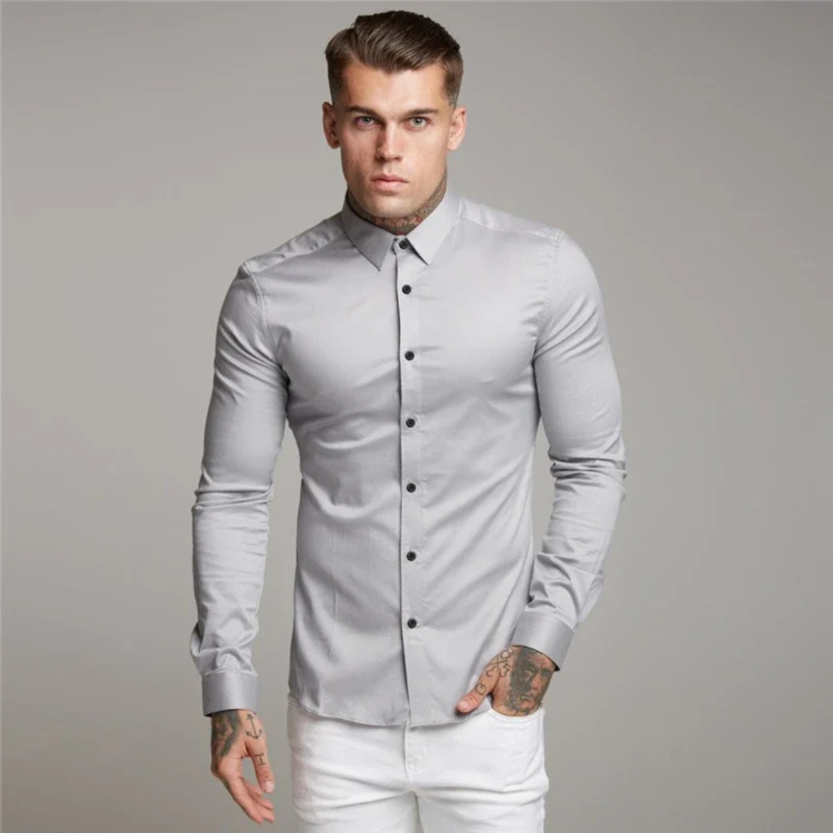 Men's Slim Fit Dress Shirt Cotton Button Up Blue