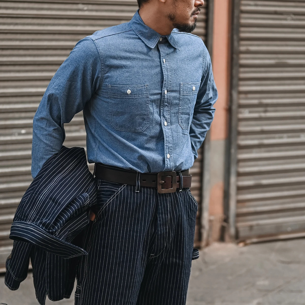 Men's Vintage Denim Shirt Button Down Blue