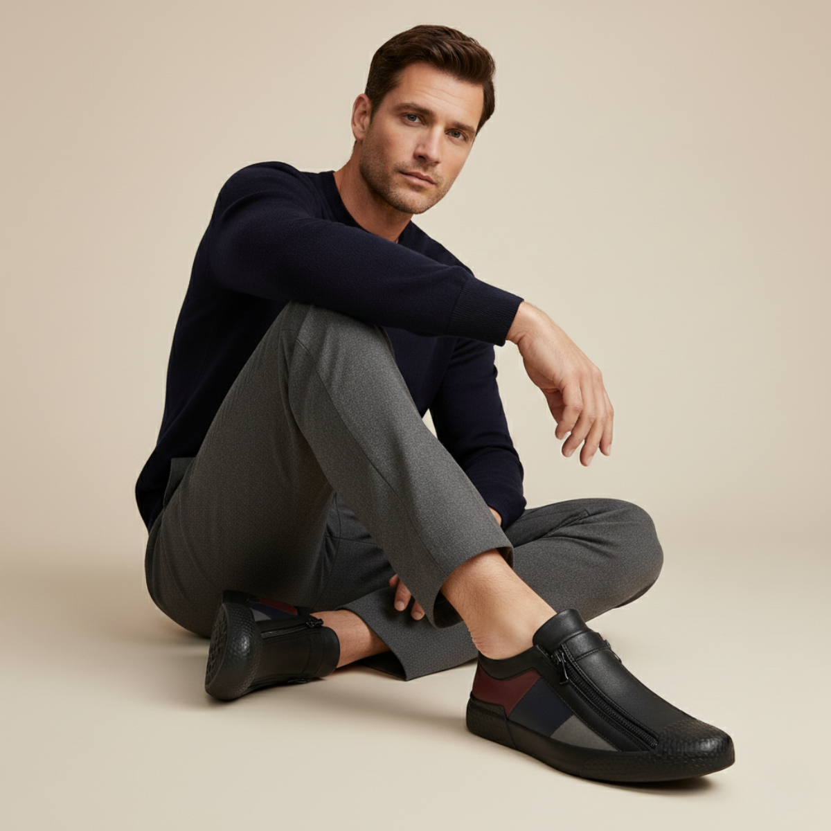 Men's Leather Sneakers Zip Up Black