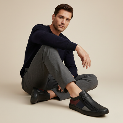 Men's Leather Sneakers Zip Up Black