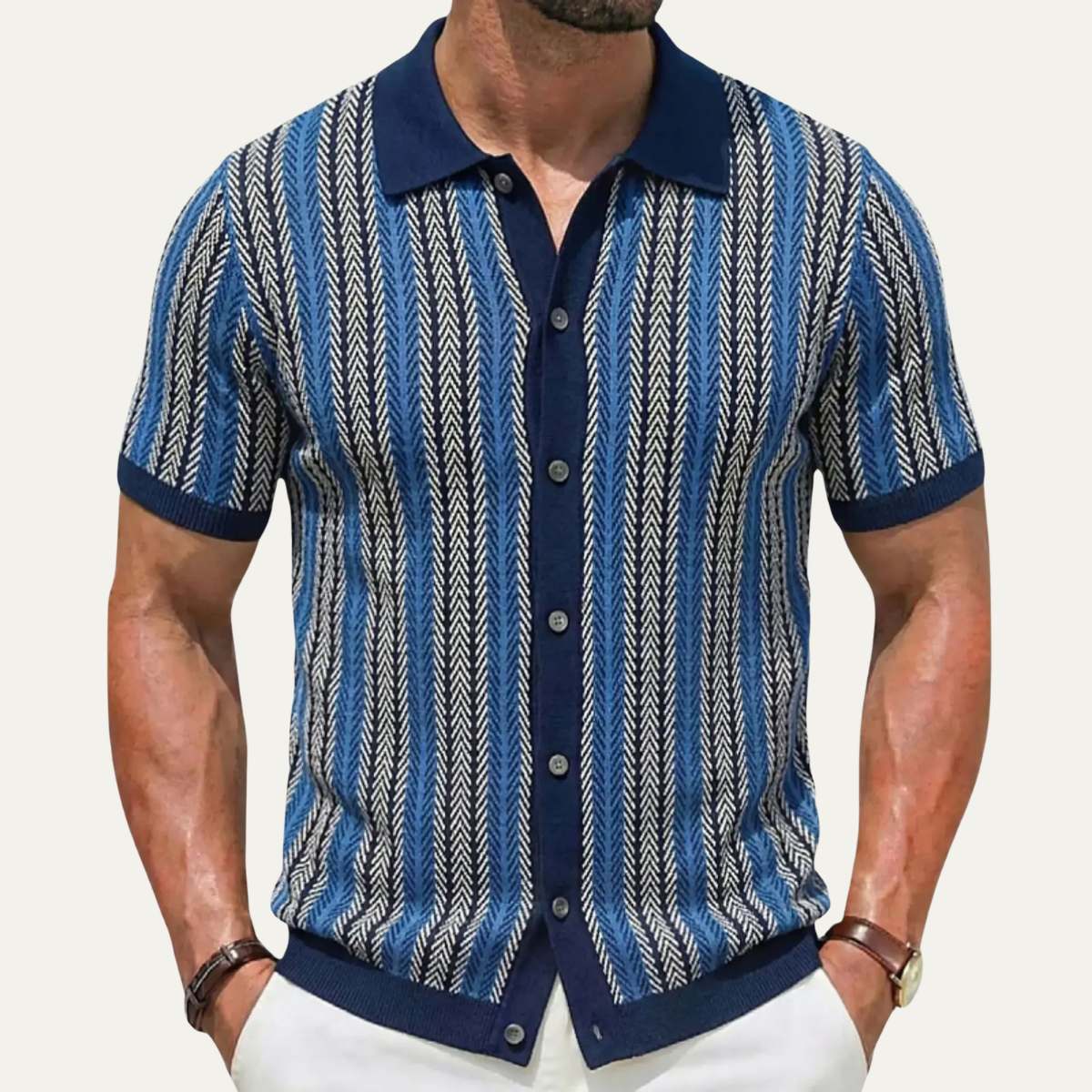 Men's Striped Knit Polo Shirt Lightweight