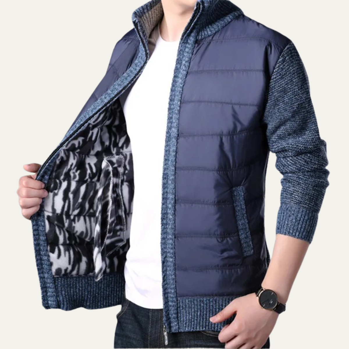 Men's Puffer Jacket Zip Up Knit Sleeve Winter Black