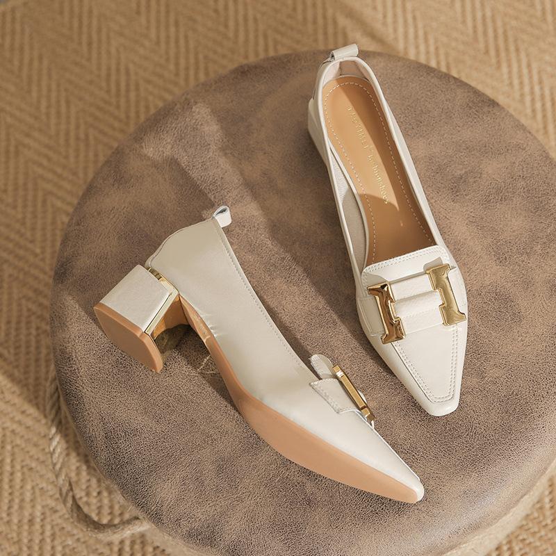 Women's Block Heel Loafers Pointed-Toe Leather
