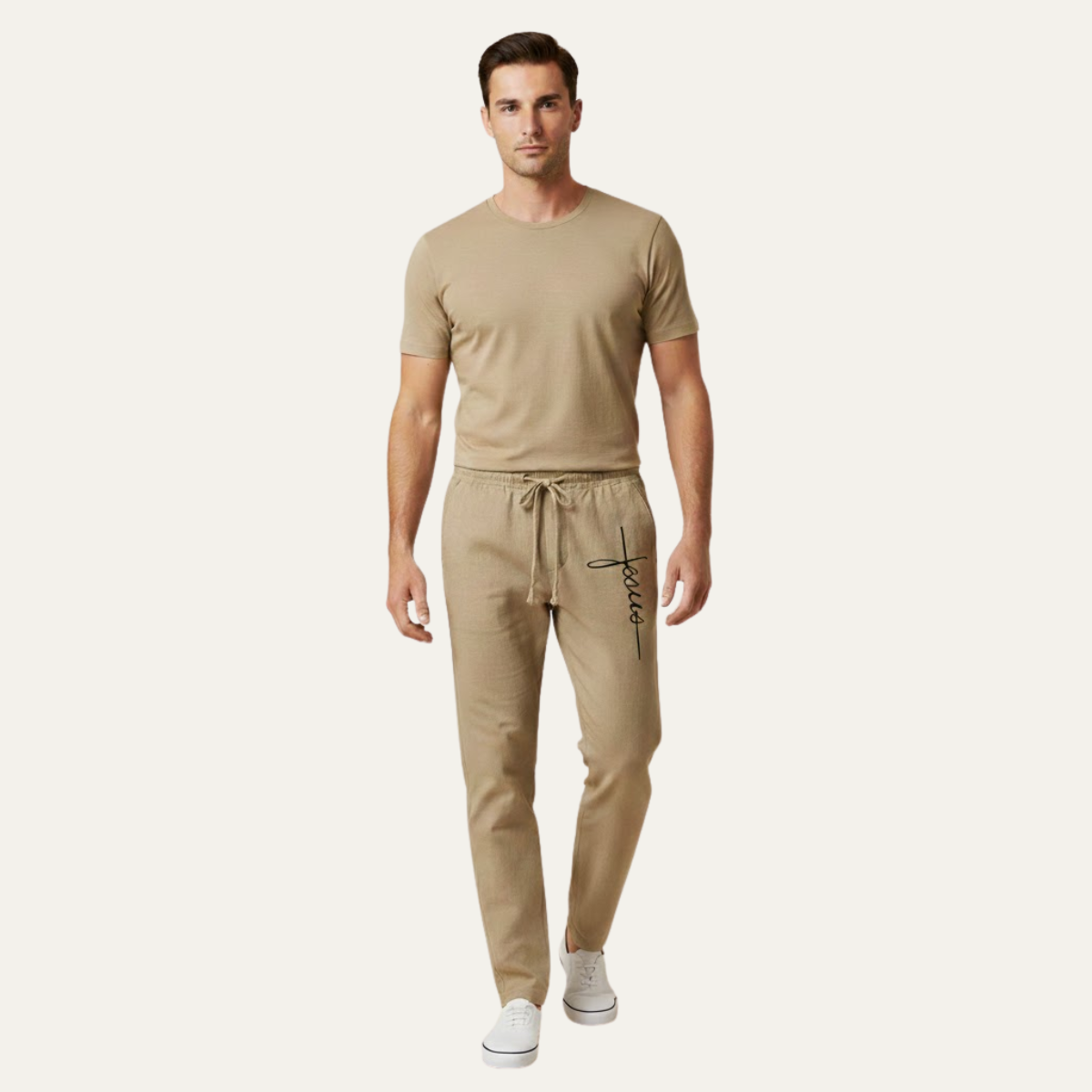 Men's Linen Drawstring Pants Relaxed Fit Beige
