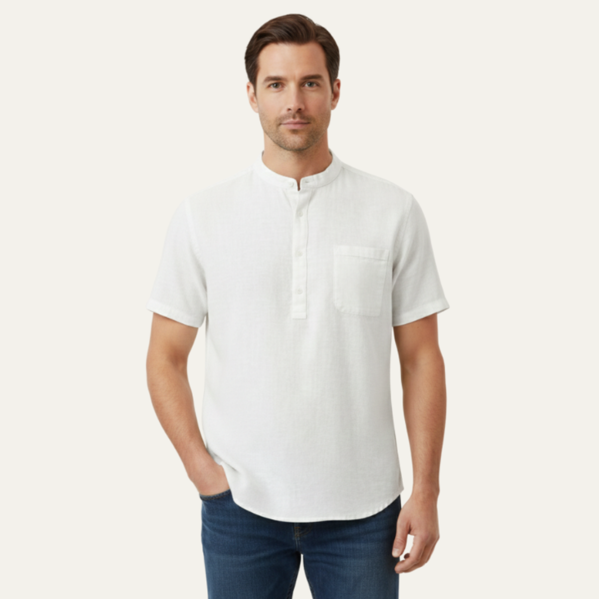 Men's Linen Henley Shirt Classic Summer Beige