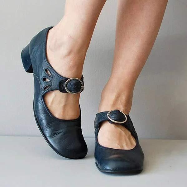 Women's Leather Low Heel Shoes Classic Black - Vonnera