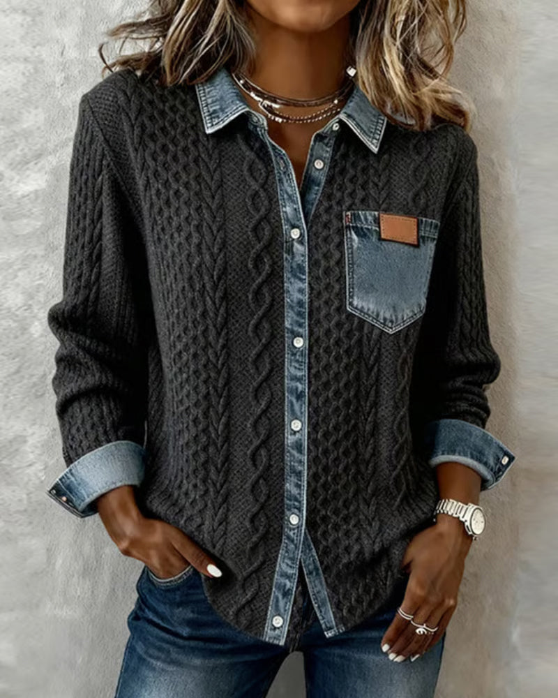 Women's Cable Pattern Button Down Blouse - Vonnera