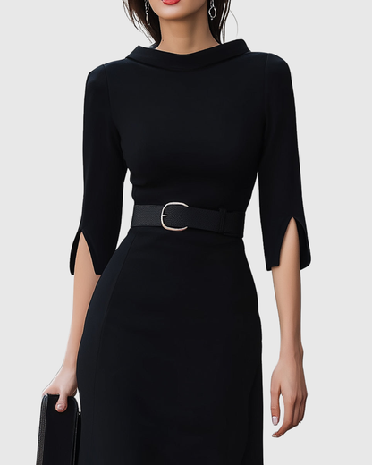 Naomi | Women's Belted Mock Neck Midi Dress with Split Sleeves