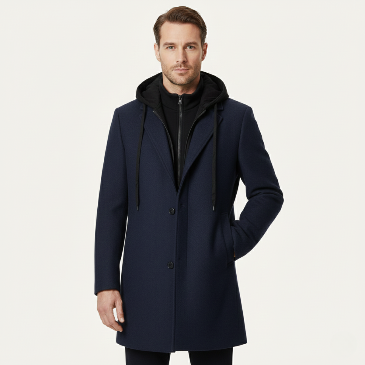 Men's Wool Overcoat Quilted Lining Hooded