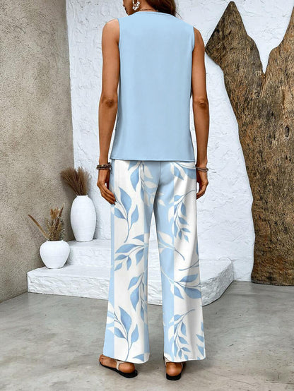 Women's Two Piece Set Round Neck Wide Leg Pants