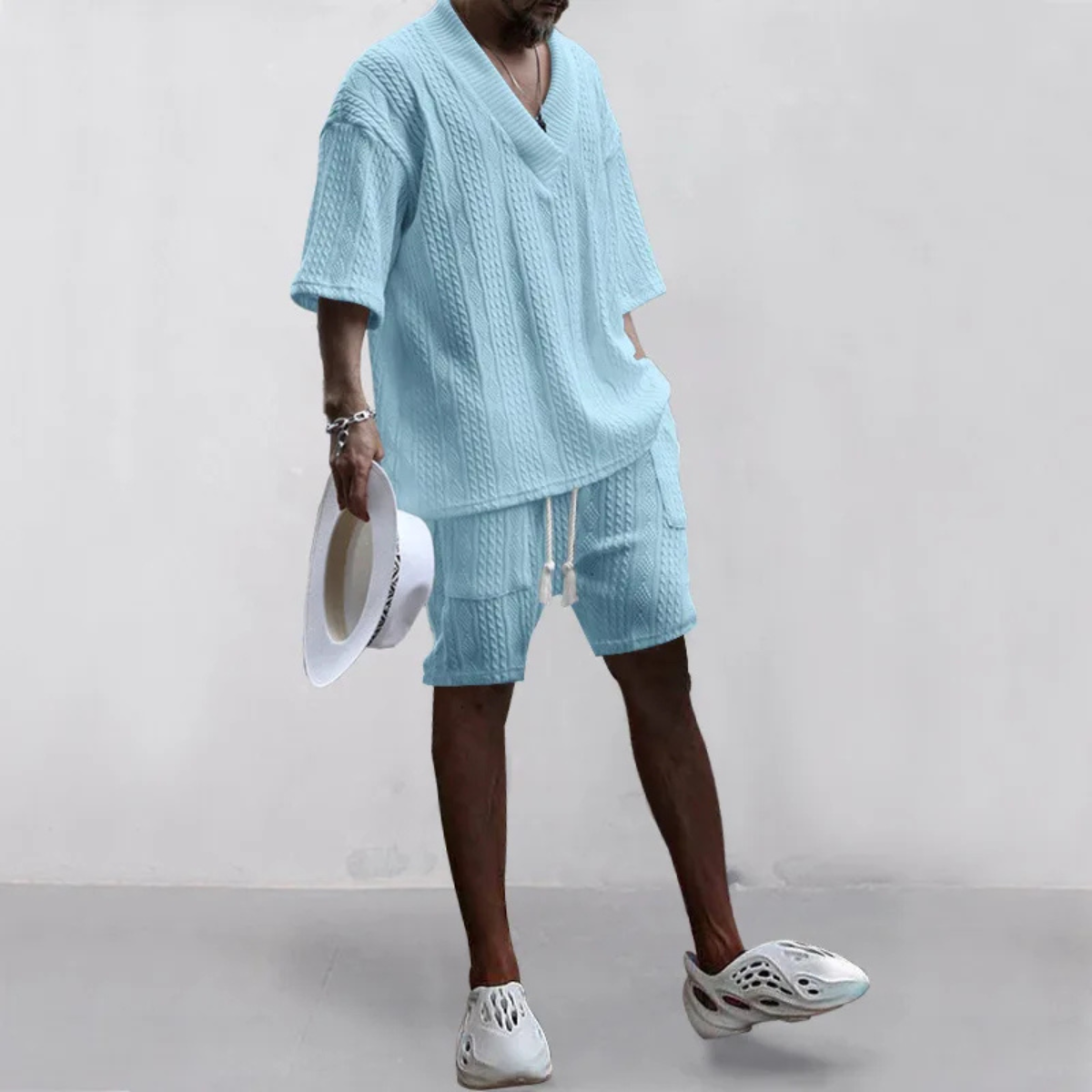 Men's Knitted Polo Shirt And Shorts Set Lightweight Red