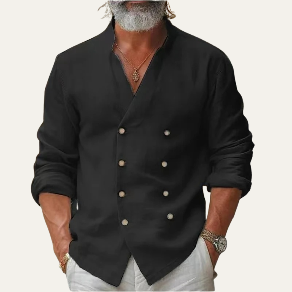 Men's Double Breasted Shirt Vintage Stand Collar Cotton