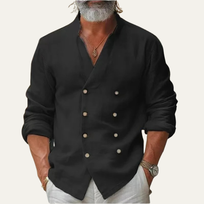 Men's Double Breasted Shirt Vintage Stand Collar Cotton
