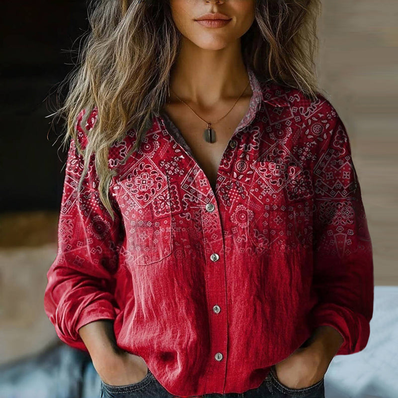 Women's Long Sleeve Vintage Print Blouse - Vonnera