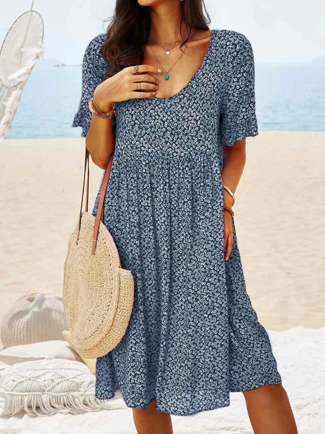 Women's Floral V-Neck Short Sleeve Smock Dress - Vonnera