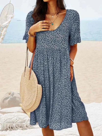 Women's Floral V-Neck Short Sleeve Smock Dress - Vonnera