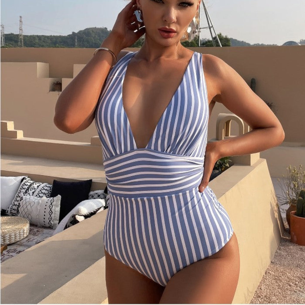 Women's Striped Halter Neck One Piece Swimsuit