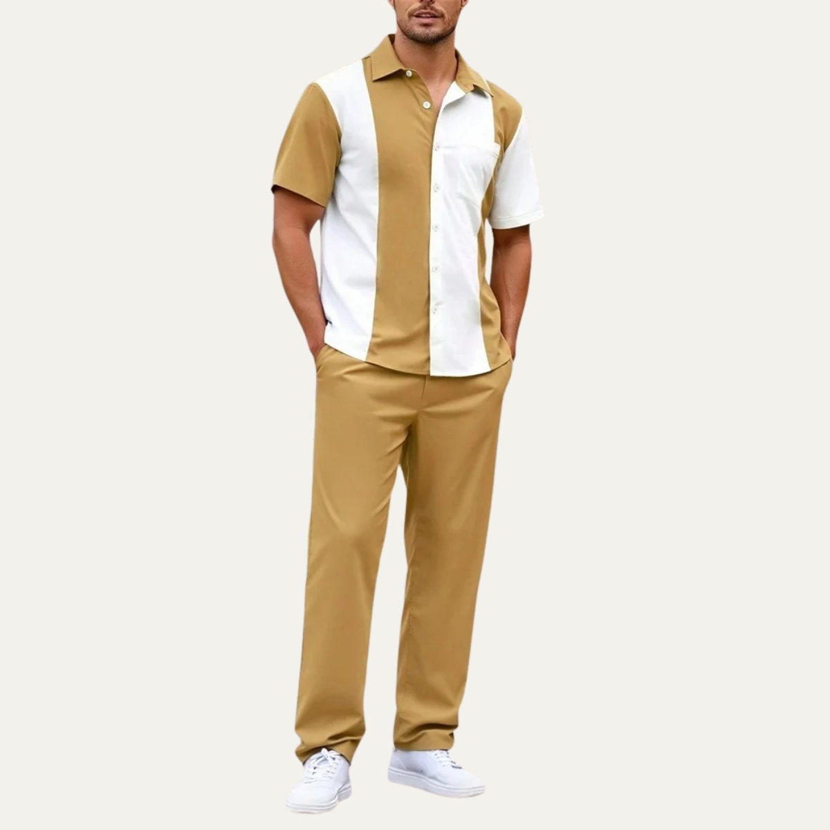 Men's Striped 2 Piece Suit Set Cotton Shirt Pants