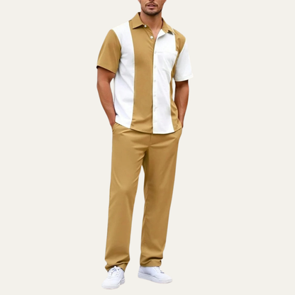 Men's Striped 2 Piece Suit Set Cotton Shirt Pants