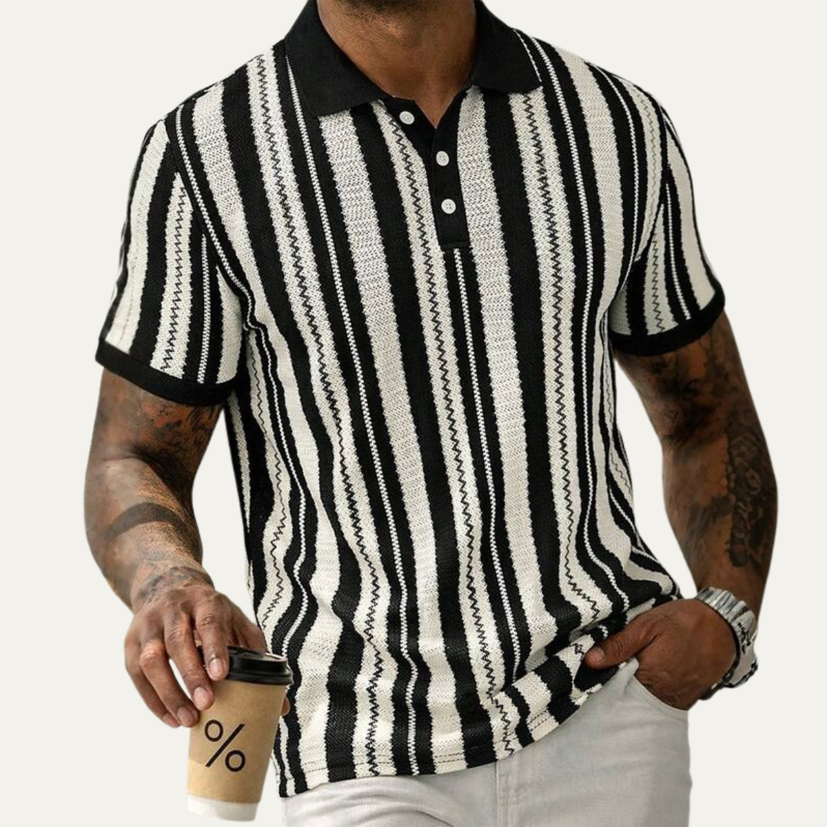 Men's Striped Polo Shirt Knit Cotton