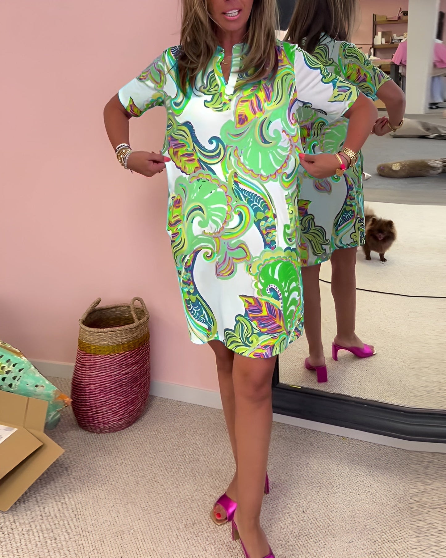 Women's V Neck Tummy Control Printed Dress Casual Summer