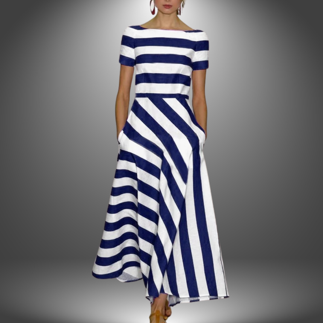 Women's Asymmetric Stripe Midi Dress Short Sleeve