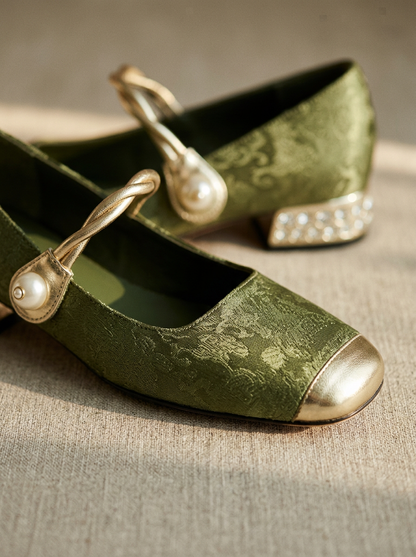 Women's Mary Jane Shoes Brocade Pearl Metallic Strap