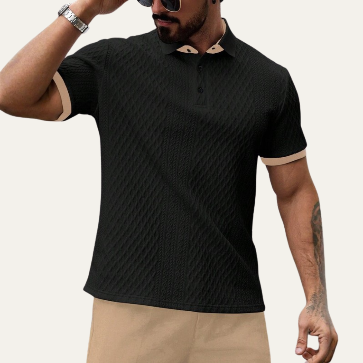 Men's Textured Polo Shirt Contrast Collar