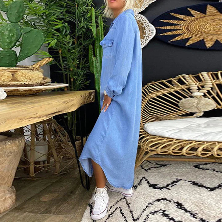 Women's Long Sleeve Denim Dress Casual Blue