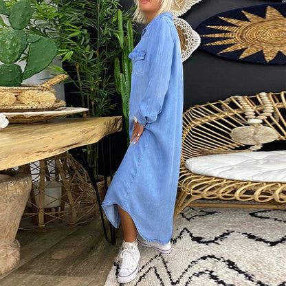 Women's Long Sleeve Denim Dress Casual Blue