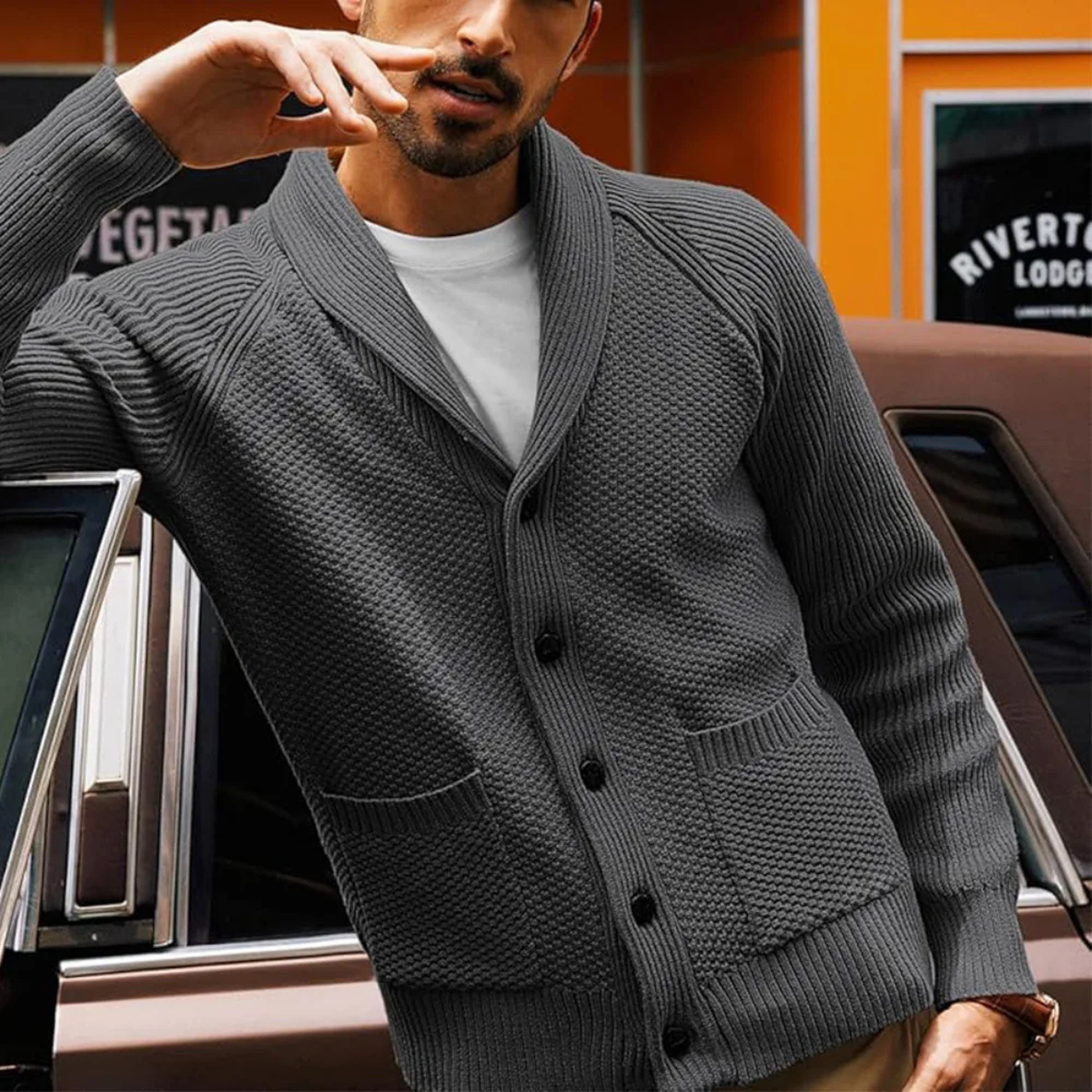 Men's Shawl Collar Cardigan Knit With Front Pockets