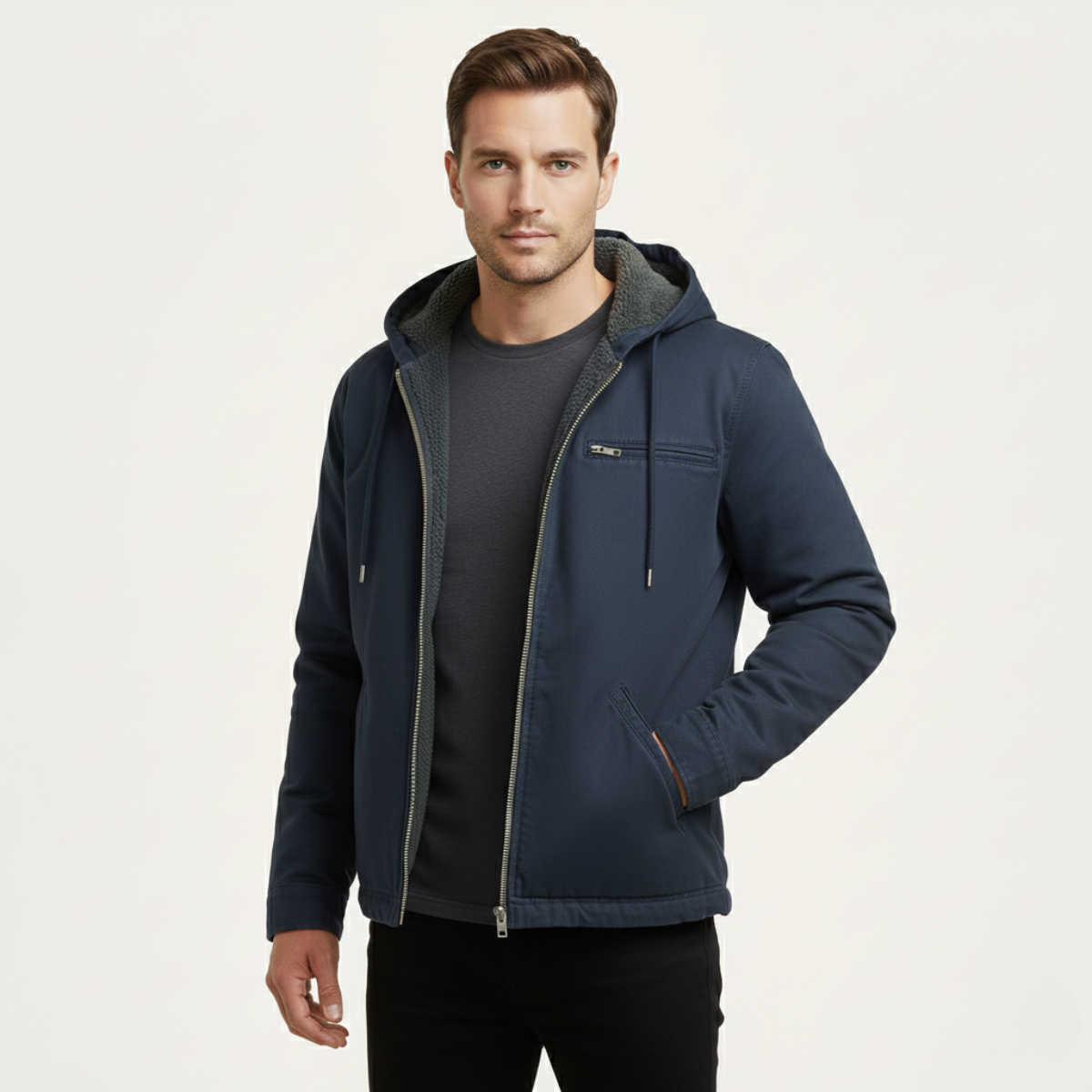 Men's Fleece Lined Hooded Jacket Warm Retro