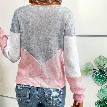 Women's Pointelle Knit Jumper Color Block V-Neck