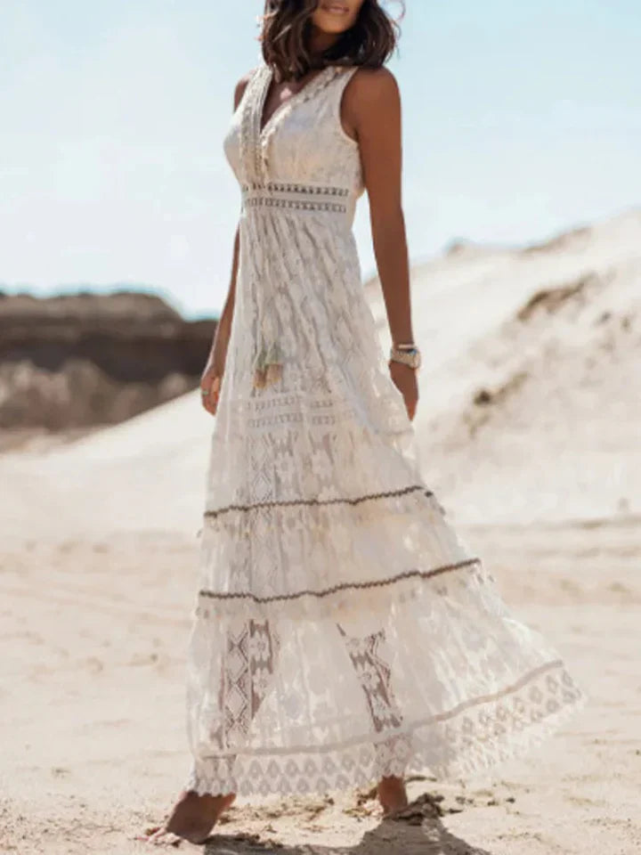 Women's Bohemian Maxi Dress Lace Flared Sleeves