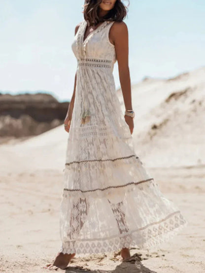 Women's Bohemian Maxi Dress Lace Flared Sleeves