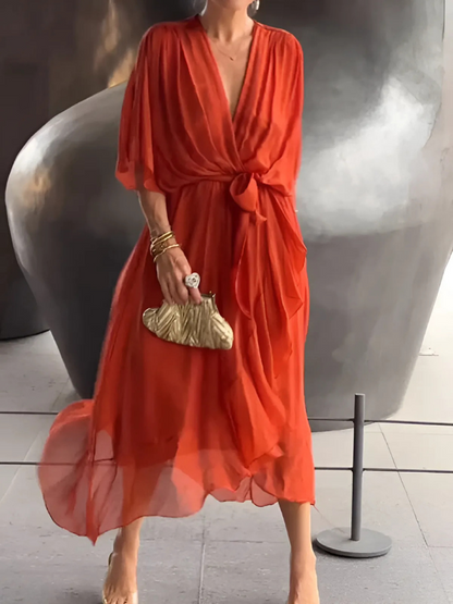 Women's V-Neck Maxi Dress Tie Waist