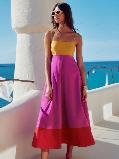Women's Color Block Spaghetti Strap Summer Dress - Vonnera