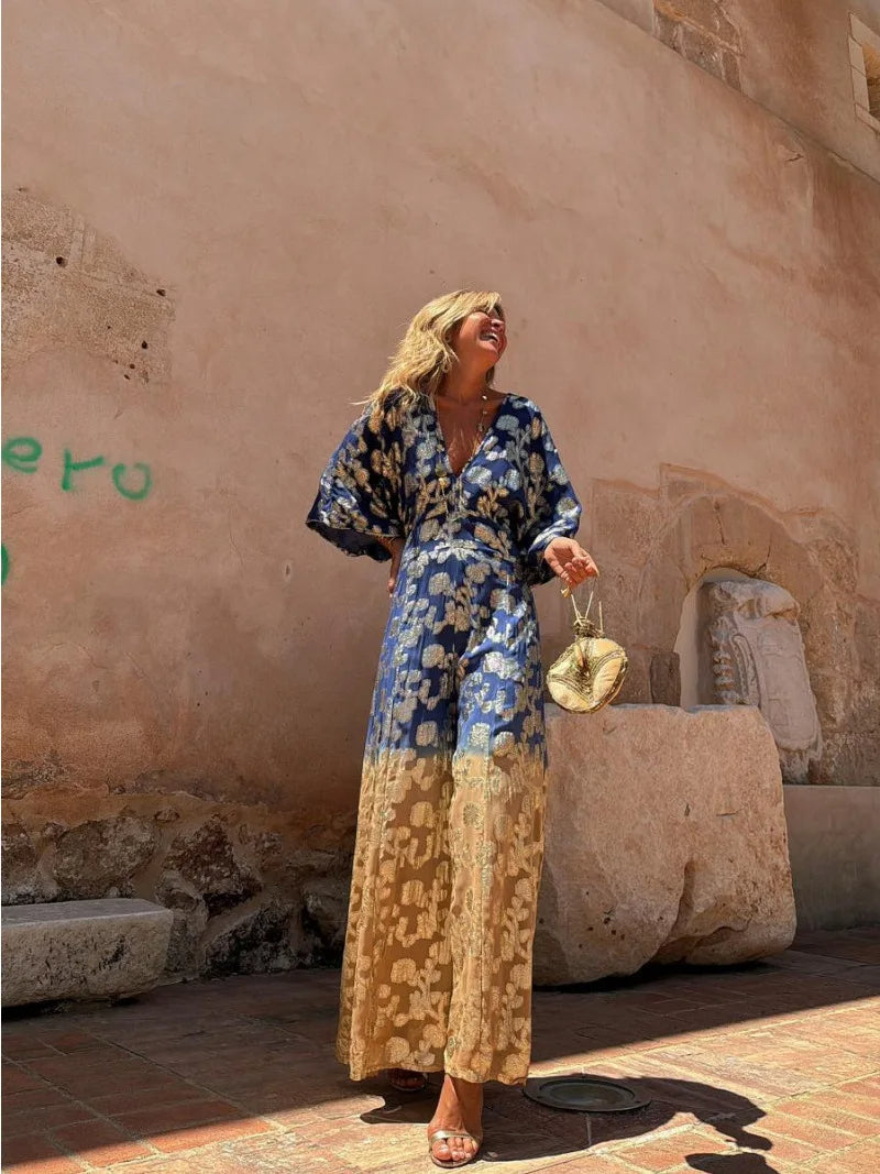 Women's V-Neck Backless Jumpsuit Gradient Print - Vonnera