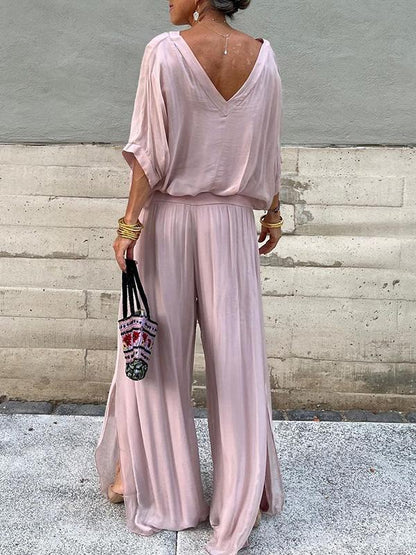 Olive | Women's V-Neck Batwing Sleeve Wide Leg Jumpsuit 2 Piece