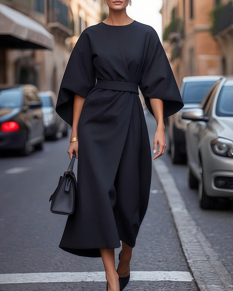 Women's Elegant Lantern Sleeve Dress with Belt - Vonnera