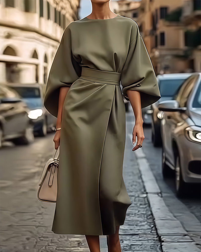 Women's Elegant Lantern Sleeve Dress with Belt