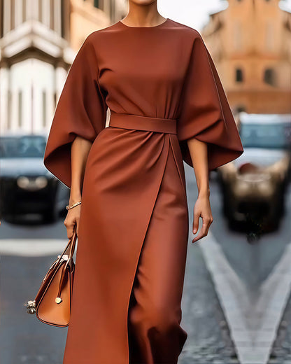 Women's Elegant Lantern Sleeve Dress with Belt