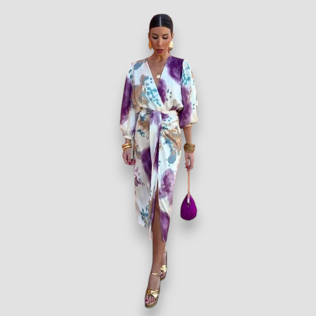 Women's Abstract Print Midi Dress Tie Waist