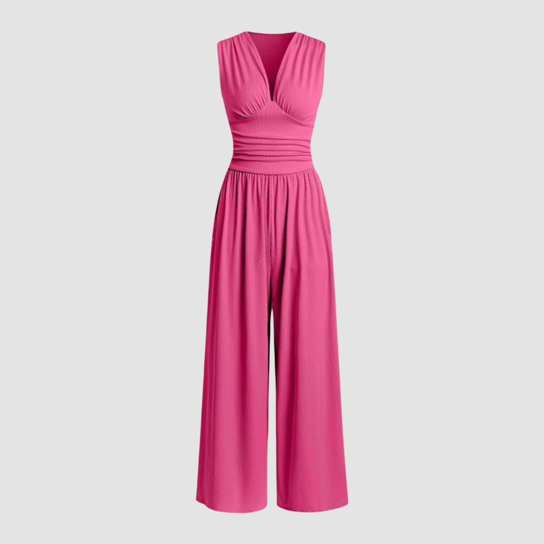 Women's Sleeveless Jumpsuit V-Neck Pleated Waist