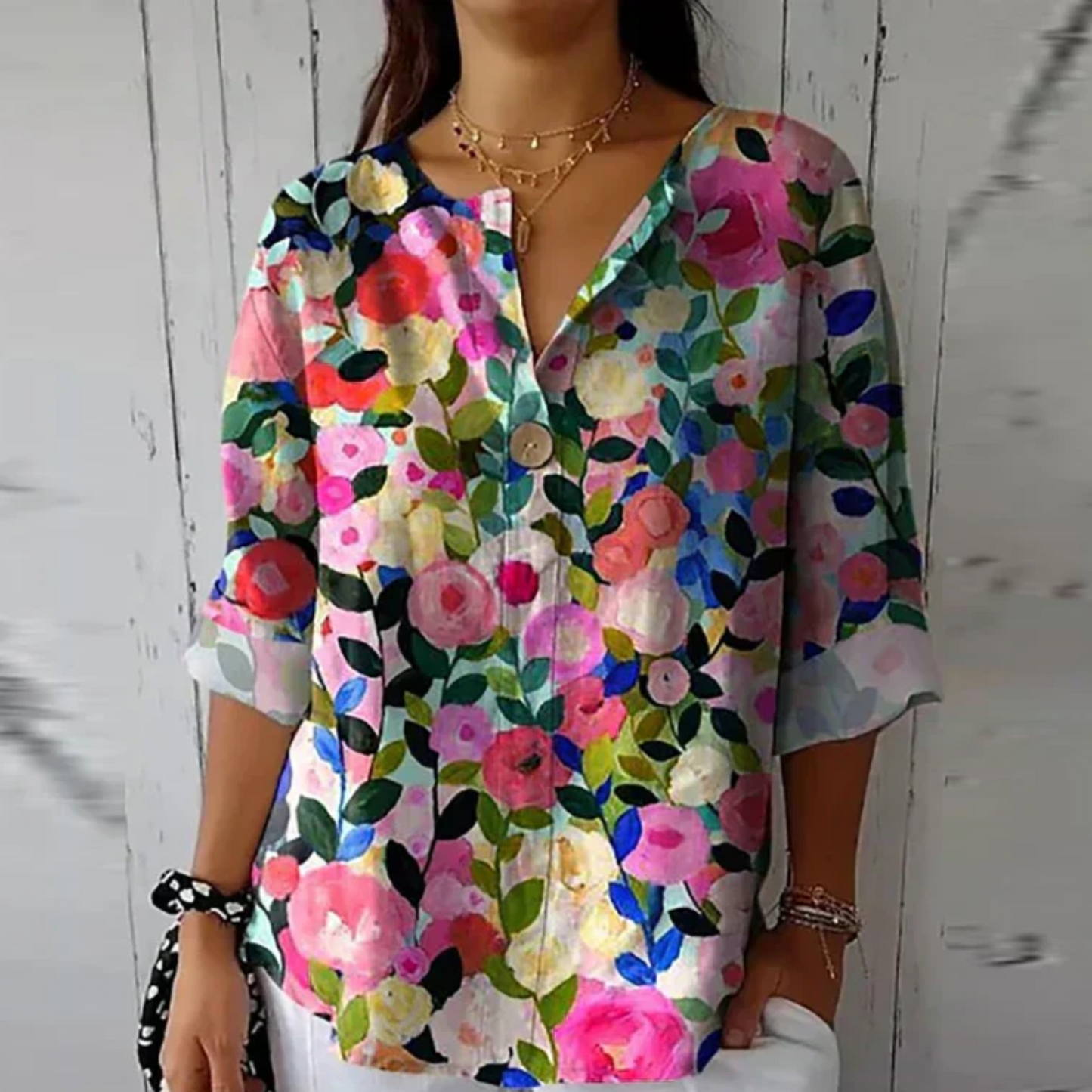 Women's Floral Print Blouse Button Front Closure