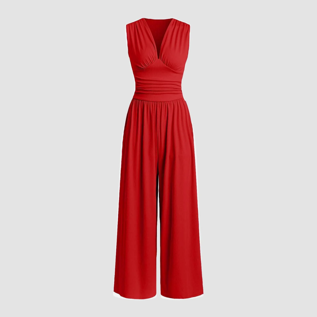 Women's Sleeveless Jumpsuit V-Neck Pleated Waist - Vonnera