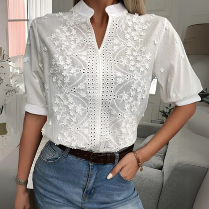 Women's Embroidered Blouse Floral Mandarin Collar - Vonnera